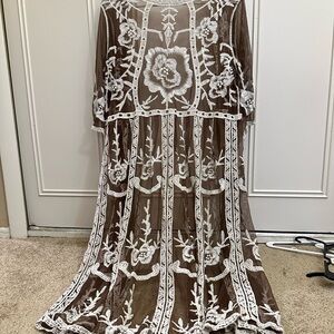 Elegant Brown and White Floral Cardigan